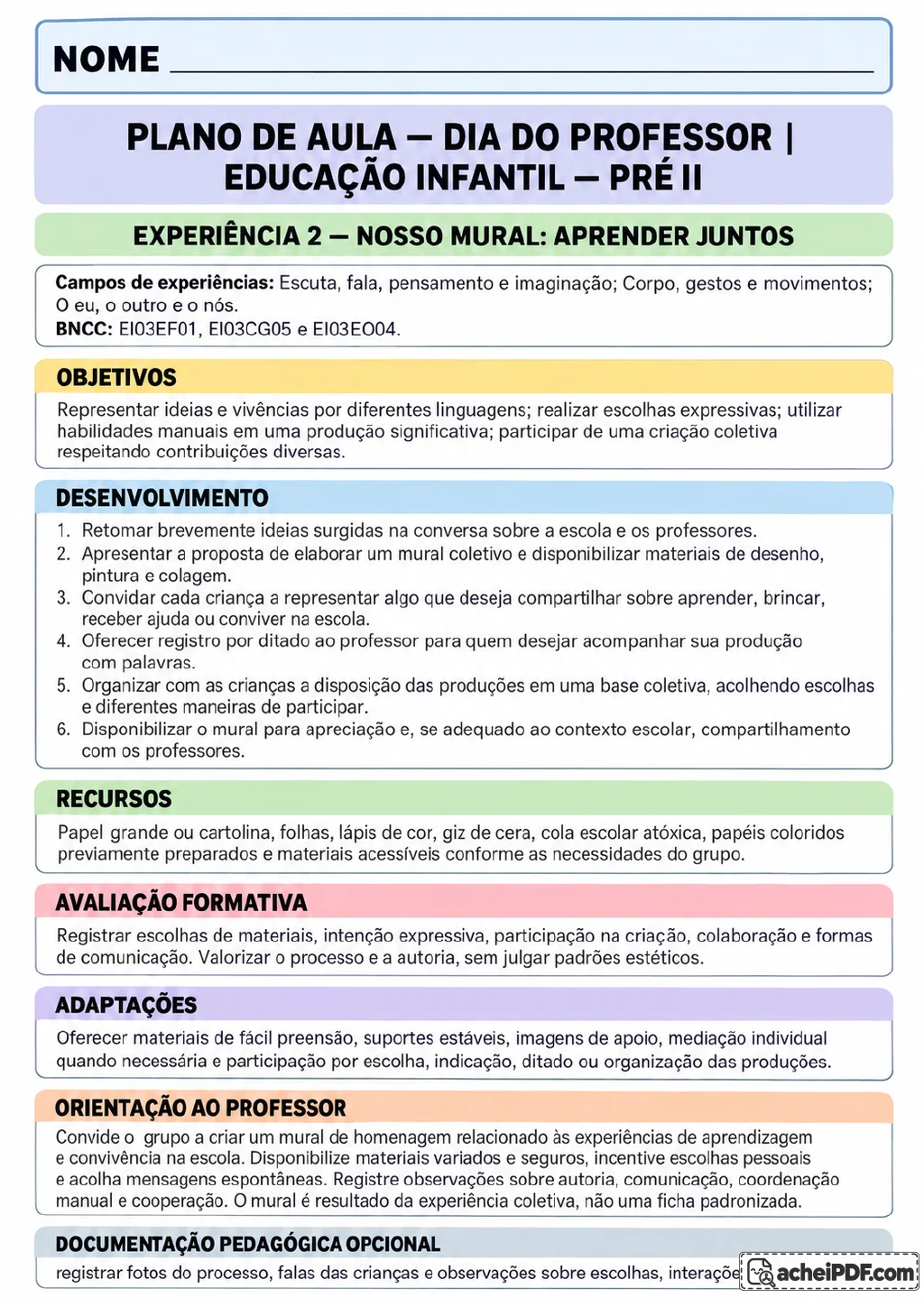 Página colorida de plano de aula com seções sobre a criação de um mural coletivo, materiais de desenho.