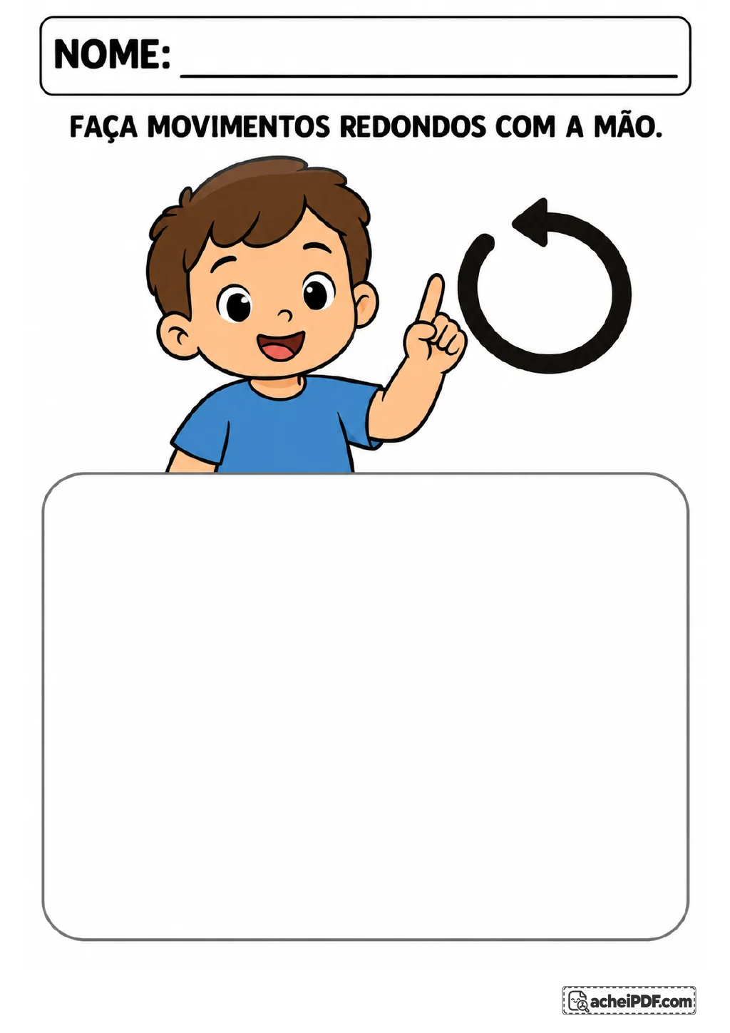 Menino de camiseta azul ao lado de uma seta circular preta e de um grande quadro vazio com cantos arredondados.