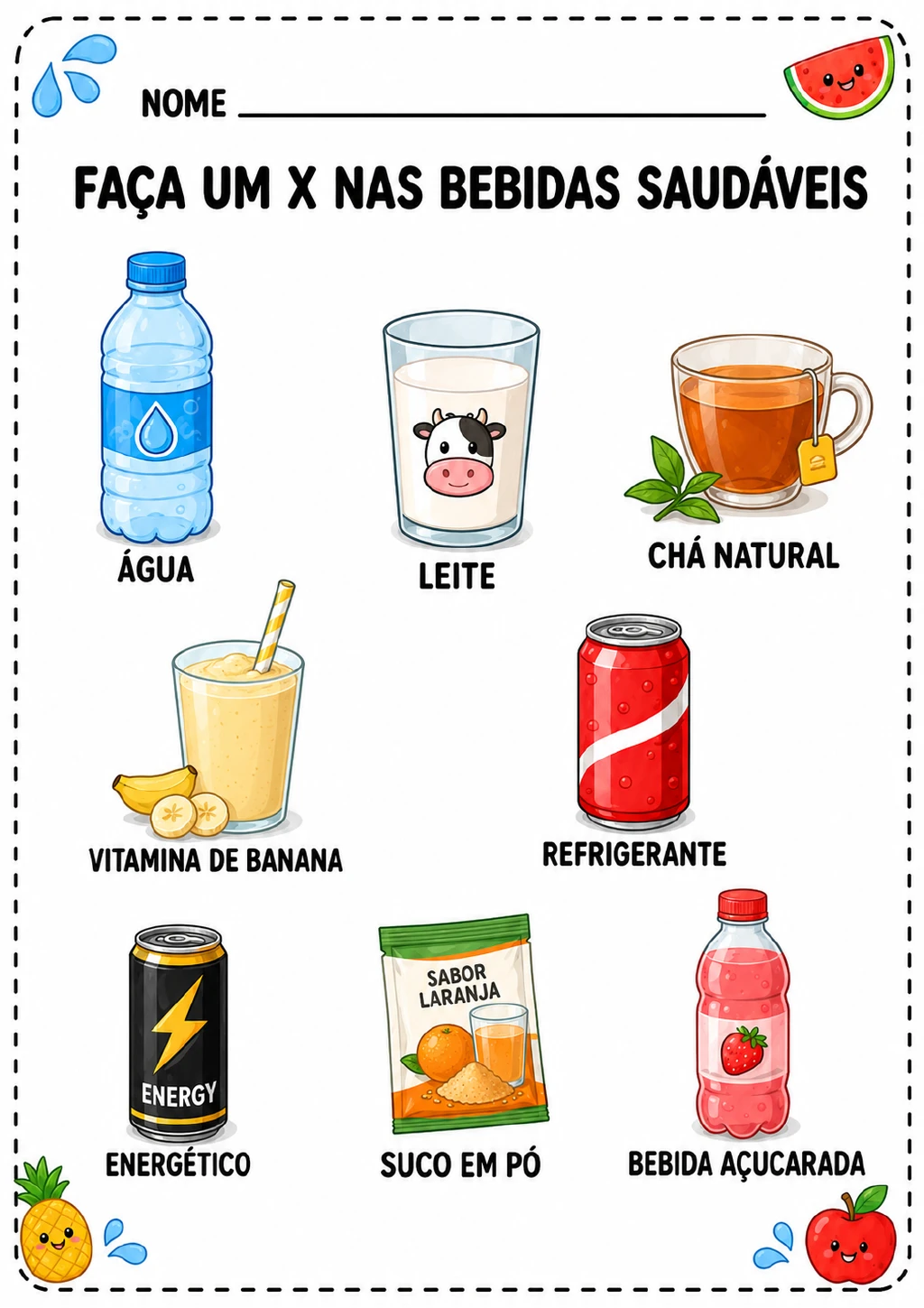 Oito bebidas ilustradas e identificadas: água, leite, chá natural, vitamina de banana, refrigerante, energético.