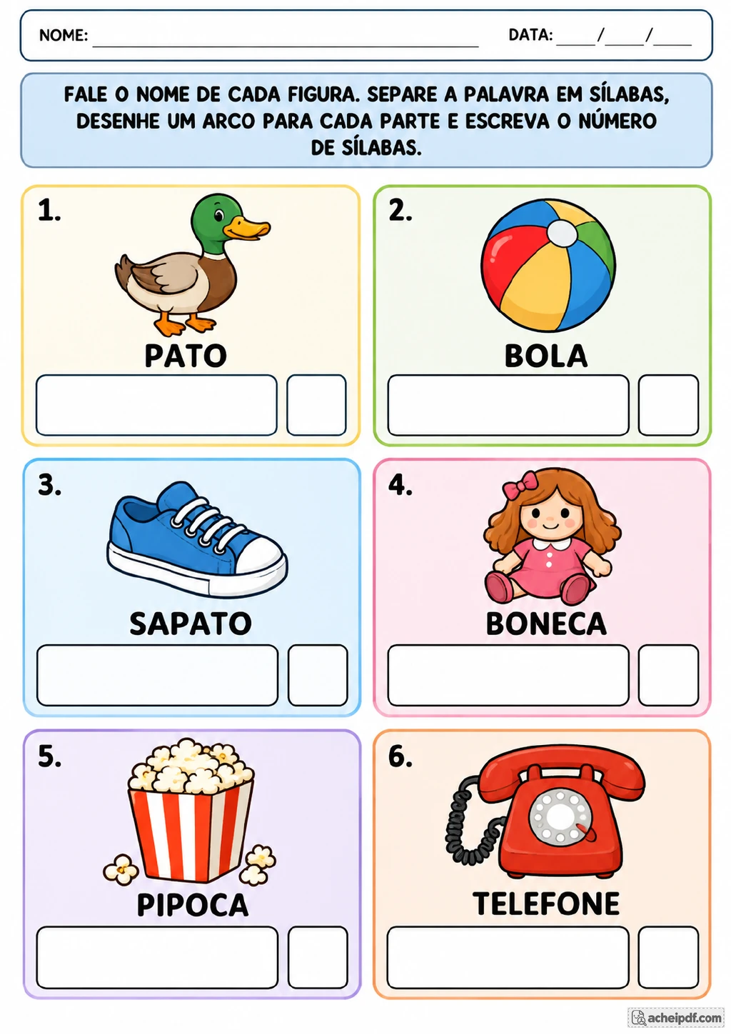 Seis cartões coloridos com as figuras e os nomes pato, bola, sapato, boneca, pipoca e telefone.