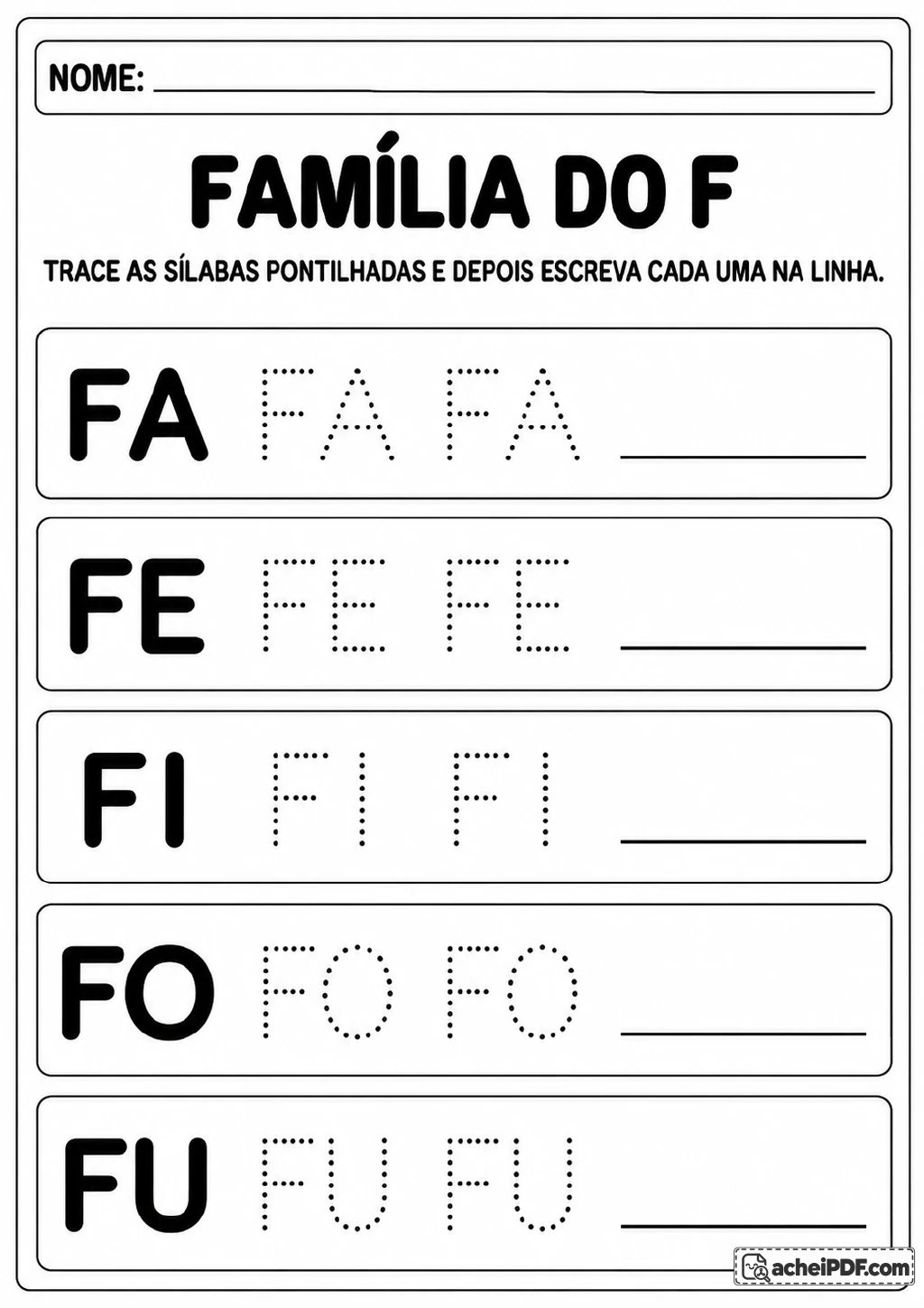 Quadros com FA, FE, FI, FO e FU em letras grandes e pontilhadas, acompanhados de linhas de escrita.