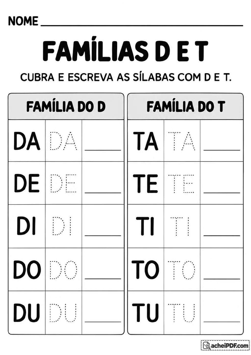 Duas tabelas com as famílias do D e do T: DA, DE, DI, DO, DU e TA, TE, TI, TO, TU.