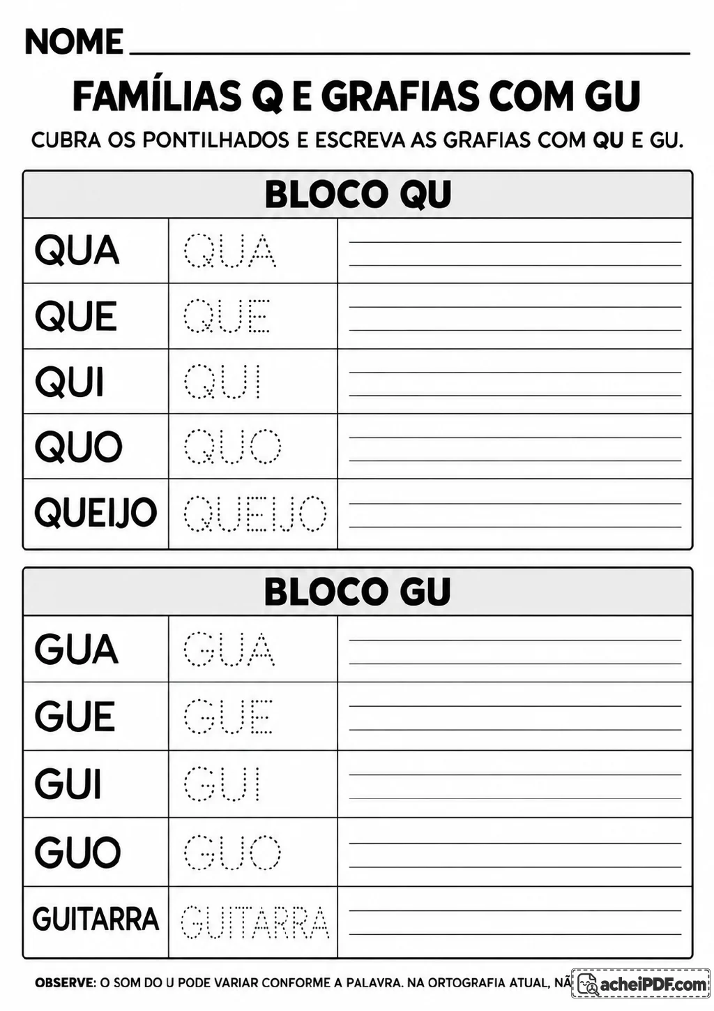 Dois blocos intitulados QU e GU com as sequências QUA, QUE, QUI, QUO, GUA, GUE, GUI e GUO.
