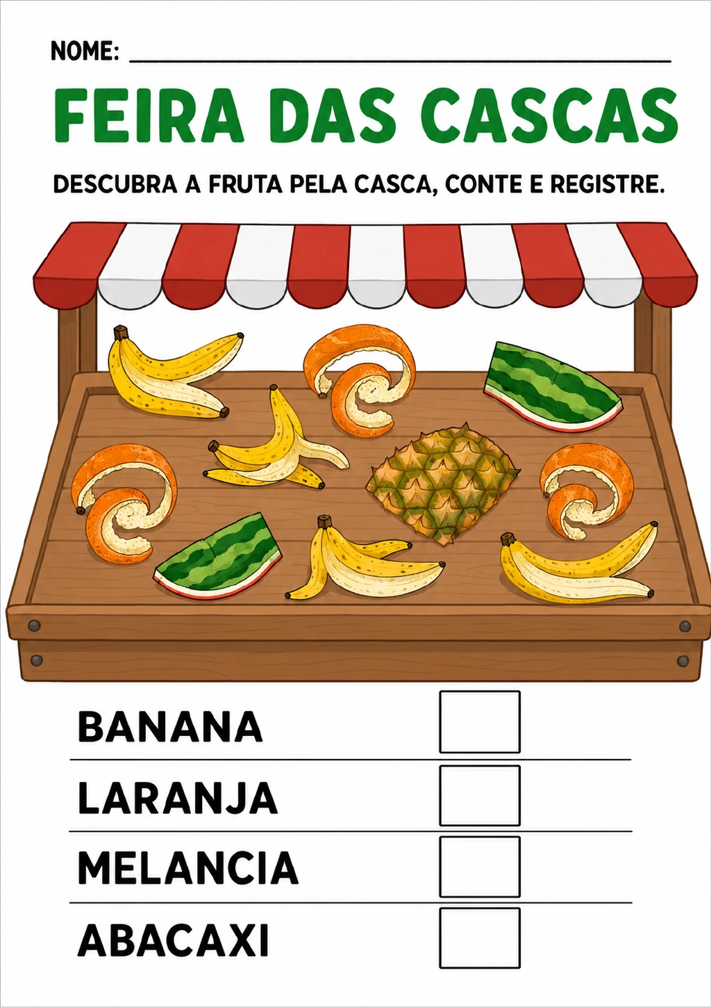 Banca de feira com cascas de banana, laranja, melancia e abacaxi, quatro nomes de frutas.