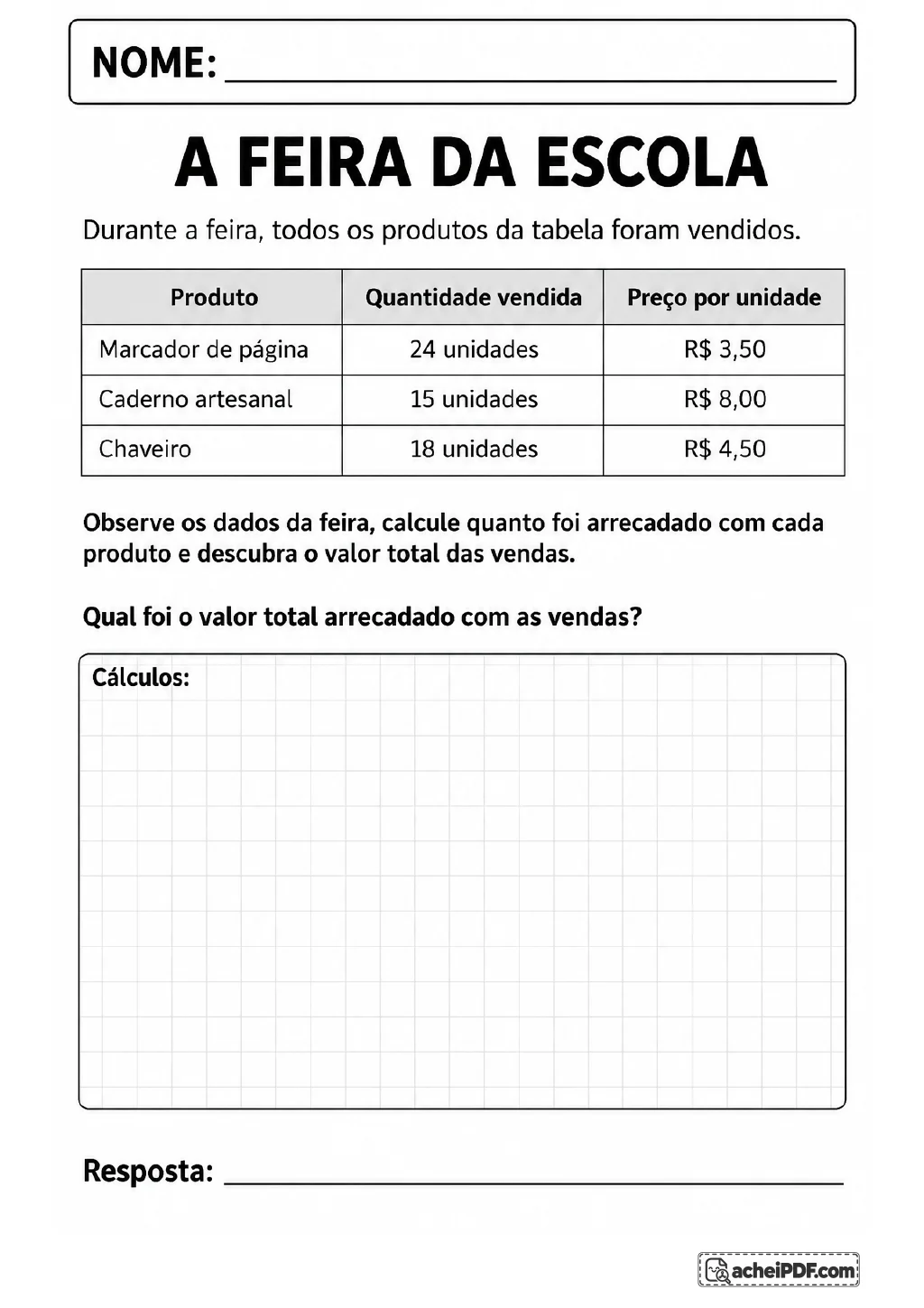 Tabela da feira da escola com marcador de página, caderno artesanal e chaveiro, colunas de quantidade vendida e preço.