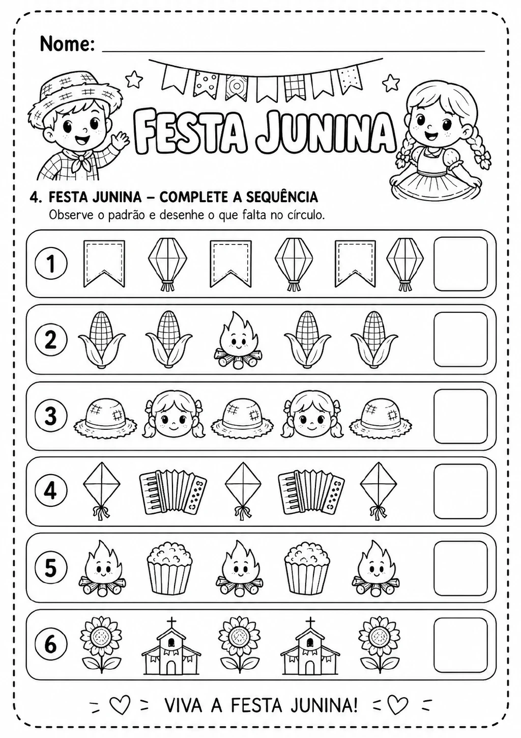 Seis sequências numeradas de figuras juninas, com espaços vazios para desenhar o próximo elemento; aparecem bandeirinha.
