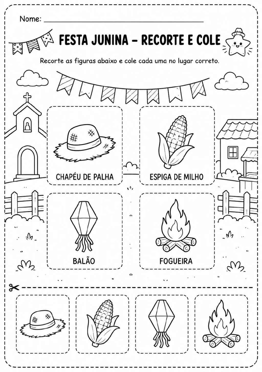 Quatro espaços identificados para colar chapéu de palha, espiga de milho, balão e fogueira.