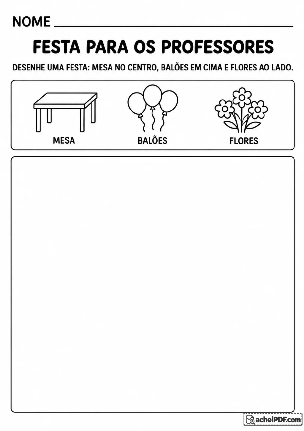 Modelos identificados de mesa, balões e flores ao lado de um grande quadro vazio para desenhar.