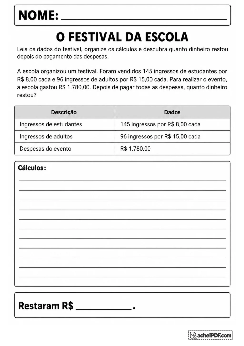 Tabela do festival da escola com 145 ingressos de estudantes a R$ 8,00, 96 ingressos de adultos a R$ 15,00.