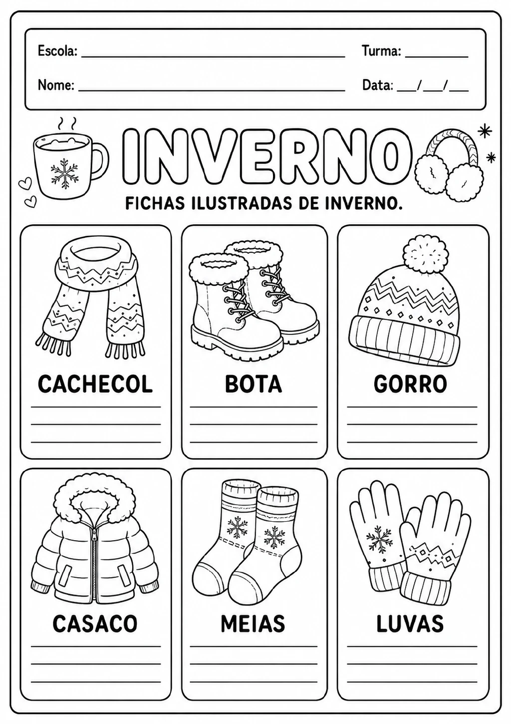 Seis fichas em preto e branco com desenhos de cachecol, bota, gorro, casaco, meias e luvas.