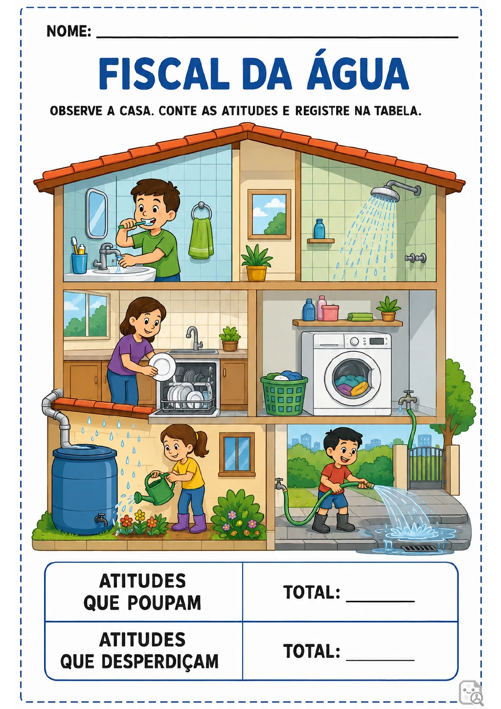 Casa ilustrada em corte com sete situações de uso da água: pia, chuveiro, lava-louças, máquina de lavar, cisterna.
