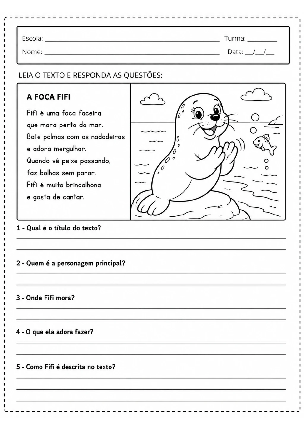 Texto “A Foca Fifi” com cinco perguntas abertas e ilustração de uma foca perto de um peixe e bolhas.