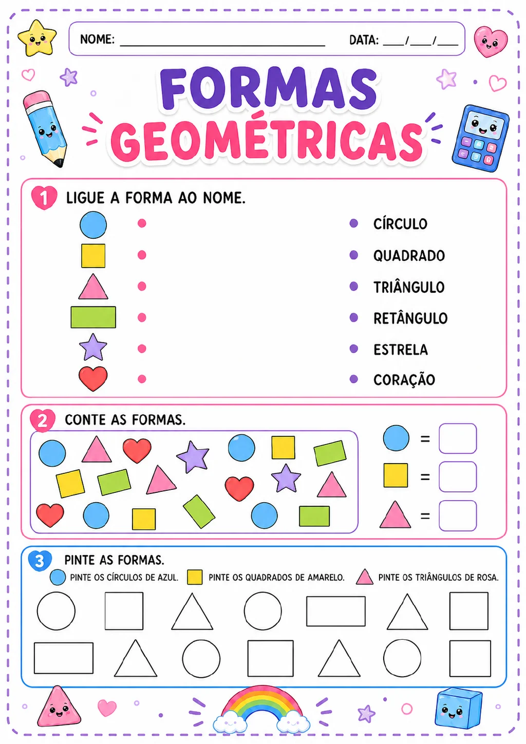 Círculo, quadrado, triângulo, retângulo, estrela e coração para ligar aos nomes, painel para contar círculos.