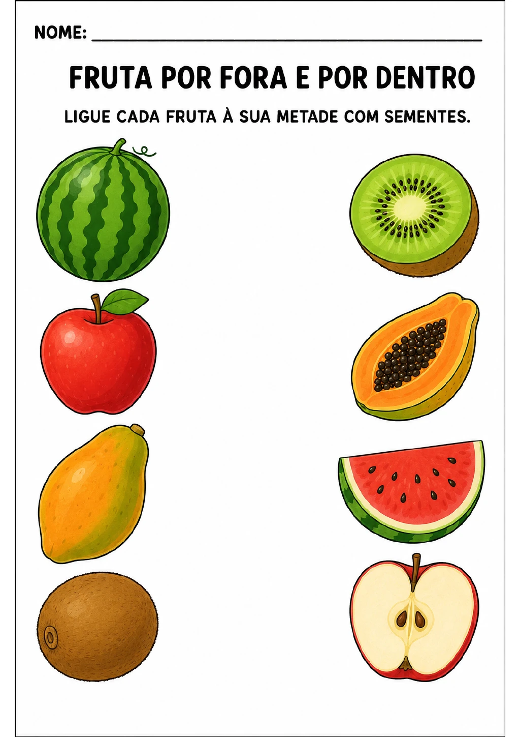 À esquerda, melancia, maçã, mamão e kiwi inteiros; à direita, as metades correspondentes das quatro frutas, com sementes.