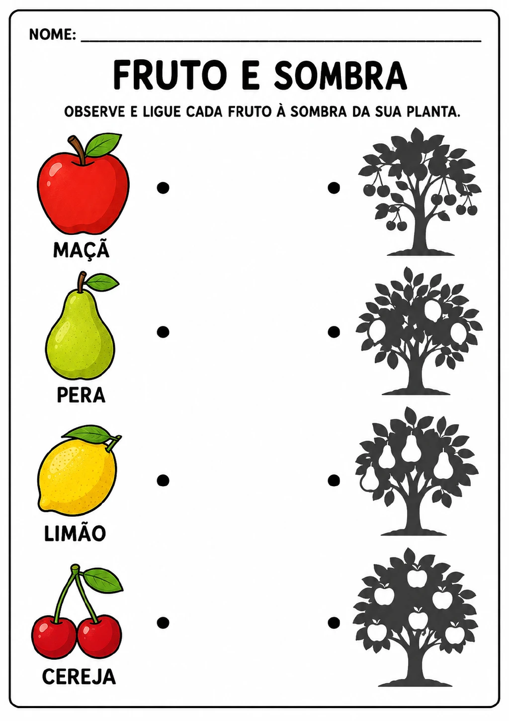 Maçã, pera, limão e cereja aparecem ao lado de quatro silhuetas pretas de árvores.