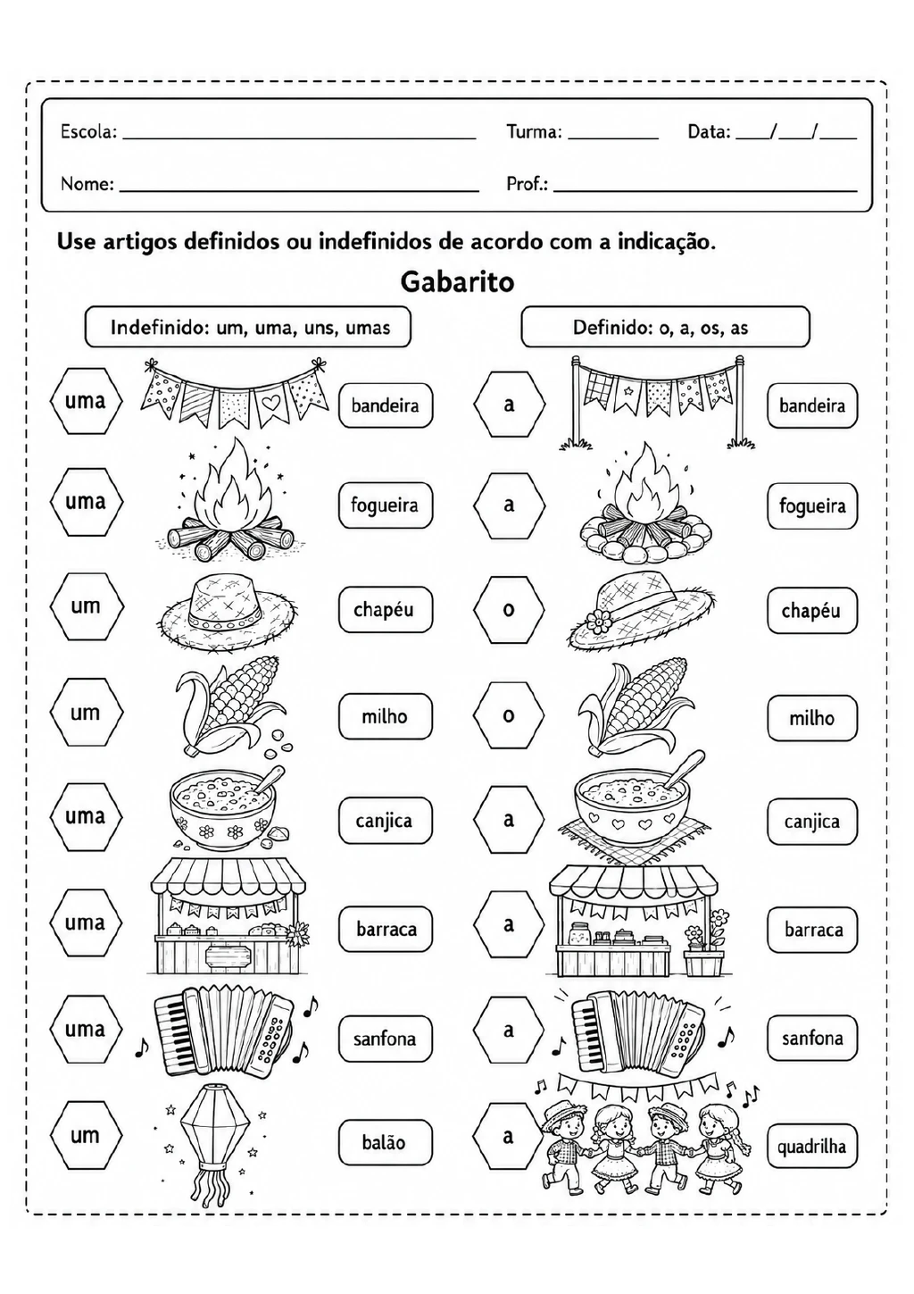 Gabarito em duas colunas com hexágonos preenchidos por artigos e desenhos de elementos de festa junina.