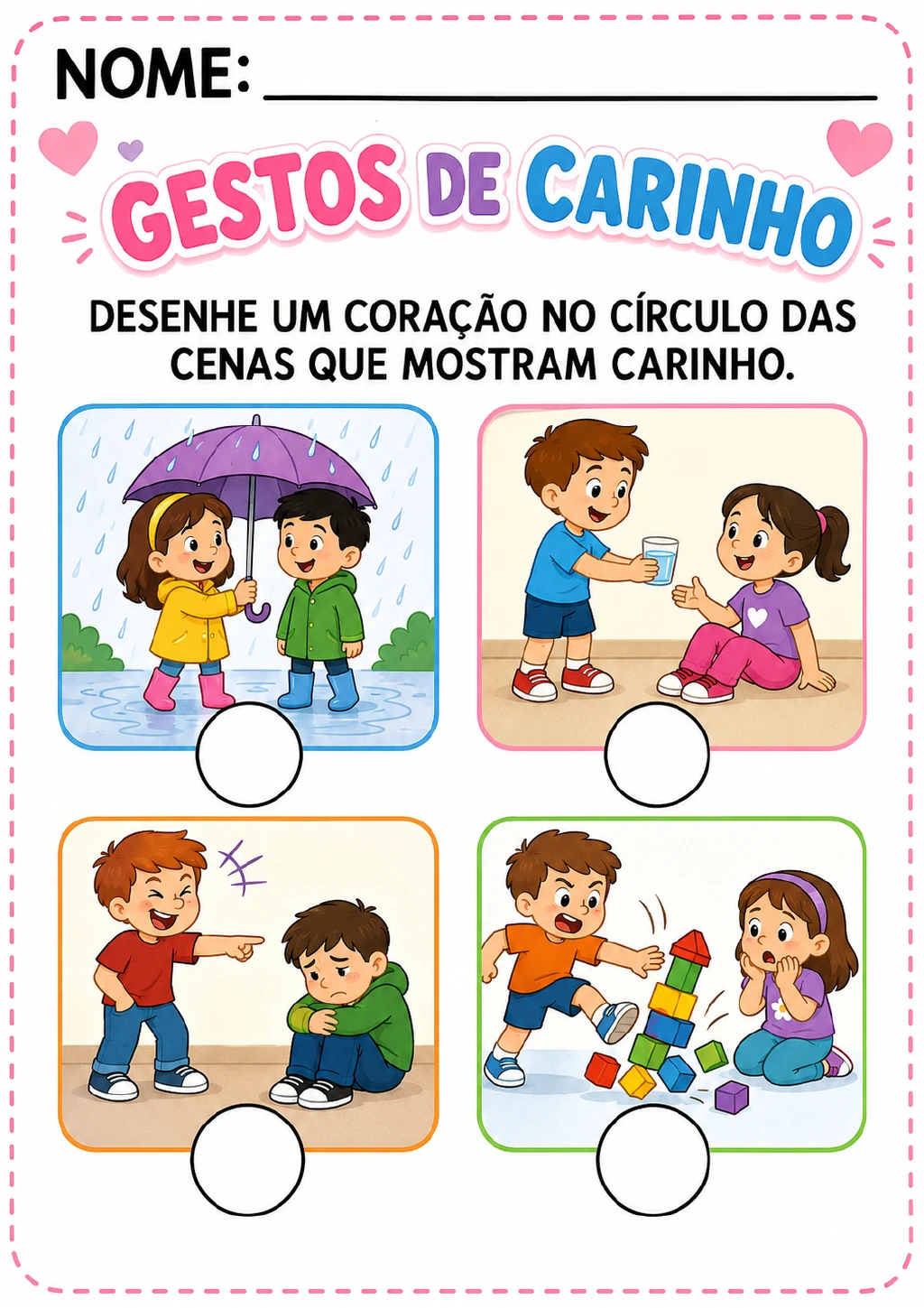 Grade com quatro cenas: crianças compartilhando um guarda-chuva na chuva, uma criança oferecendo um copo de água.