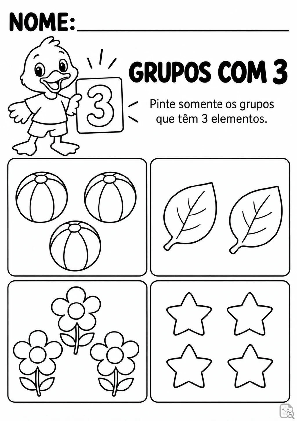 Numeral 3 no alto da página e quatro grupos em quadros: três bolas, duas folhas, três flores e quatro estrelas.