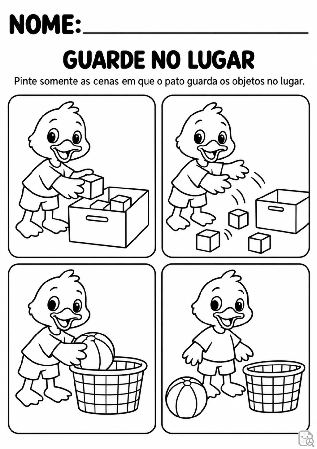 Quatro quadros mostram um pato com blocos, bola, caixas e cesto; dois representam objetos guardados.