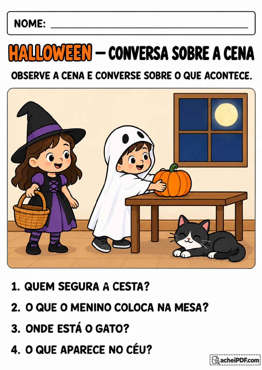 Cena de Halloween com uma menina vestida de bruxa segurando uma cesta, um menino fantasiado de fantasma colocando uma.