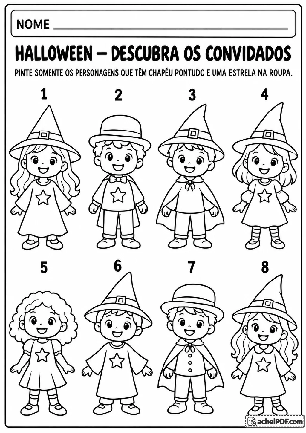 Oito personagens fantasiados e numerados, organizados em duas fileiras, usam diferentes chapéus.