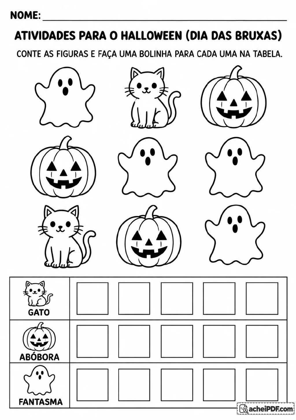 Dois gatos, três abóboras e quatro fantasmas acima de uma tabela com três linhas identificadas por gato, abóbora e fantasma.