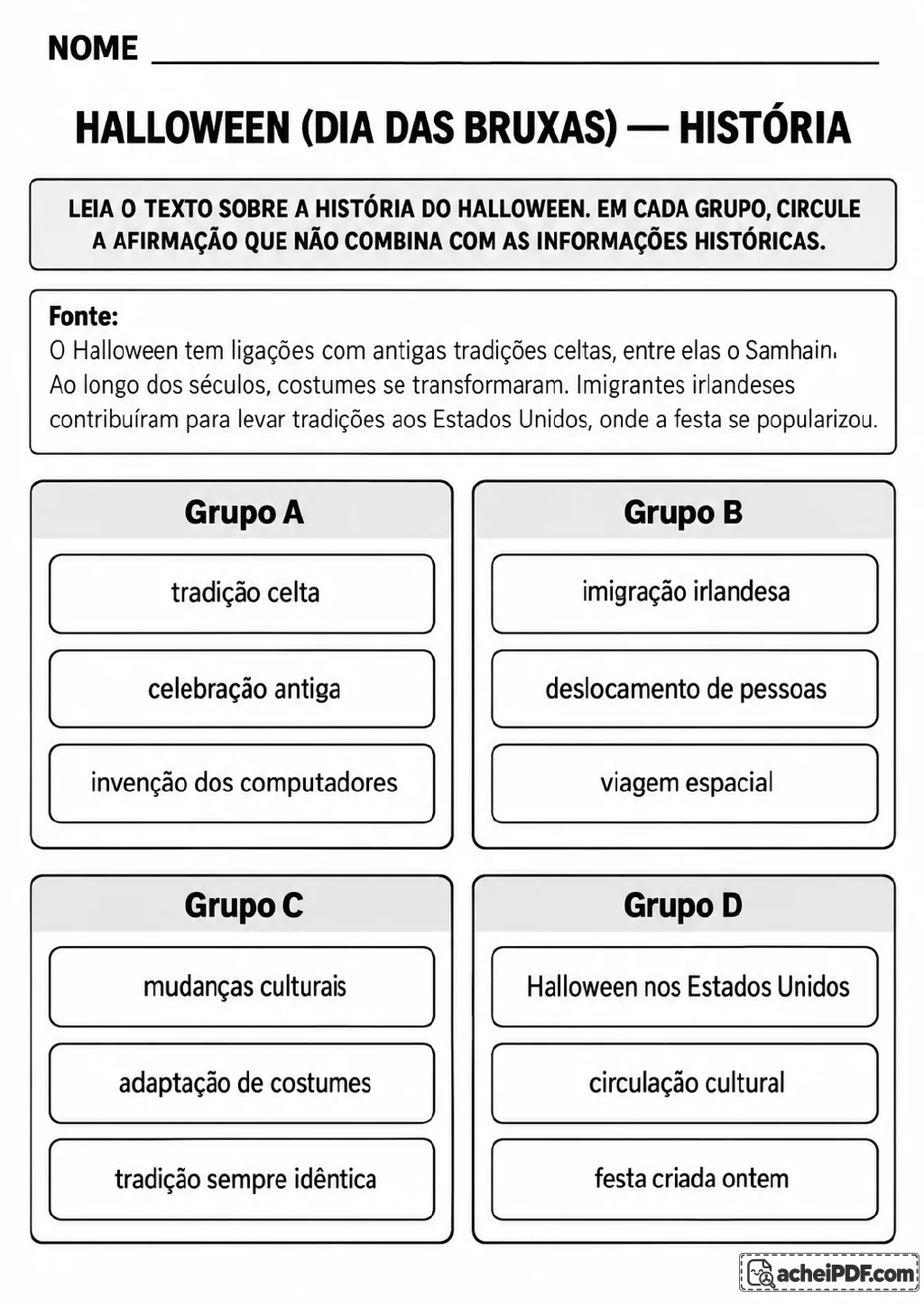 Texto sobre a história do Halloween e quatro quadros identificados de A a D, cada um.