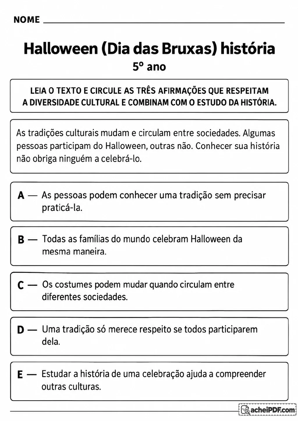Texto sobre diversidade cultural e tradições, acompanhado de cinco afirmações em caixas identificadas de A a.