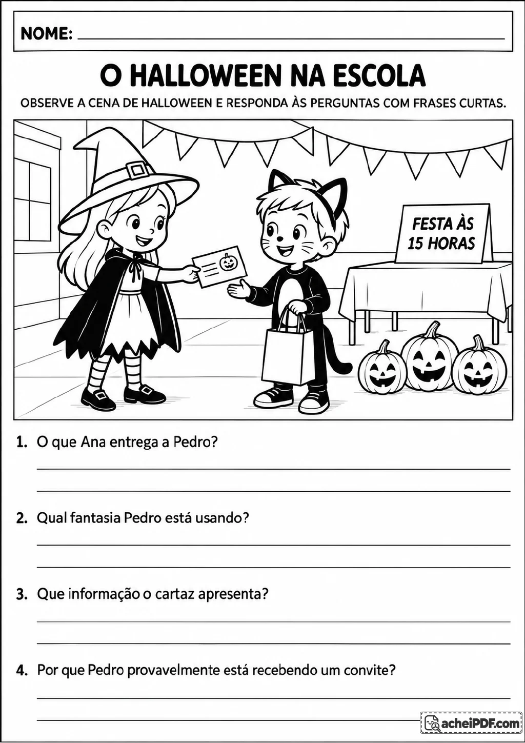 Ana entrega um convite a Pedro fantasiado de gato em uma escola decorada para o Halloween.