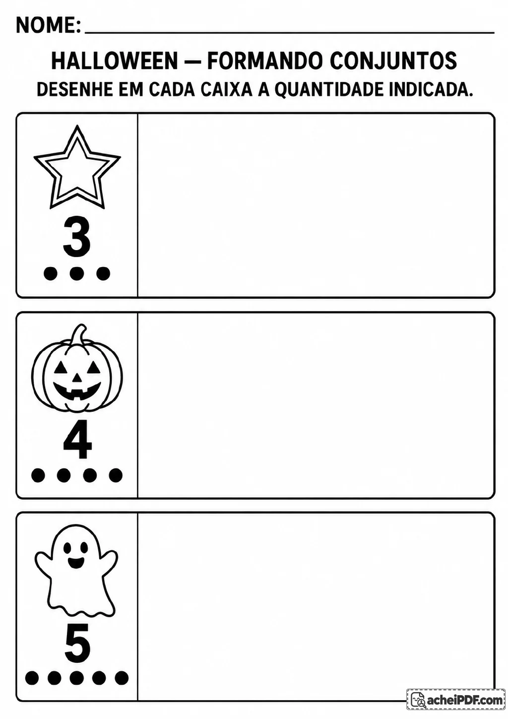 Três faixas com os numerais 3, 4 e 5, grupos de pontos e os símbolos de estrela, abóbora e fantasma.