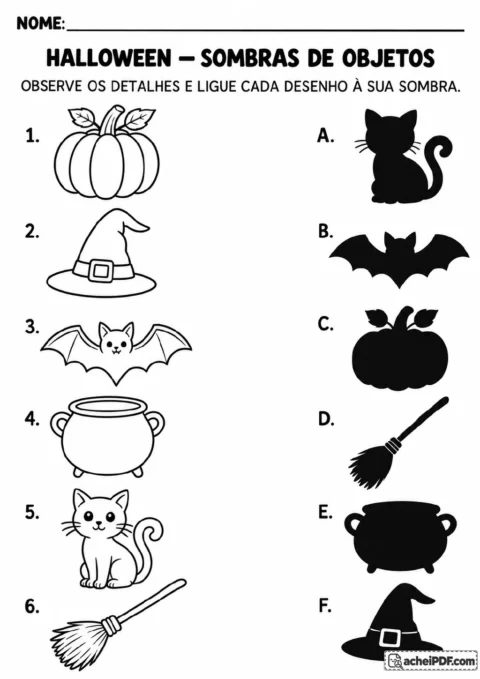 Abóbora, chapéu de bruxa, morcego, caldeirão, gato e vassoura numerados ao lado de seis sombras correspondentes.