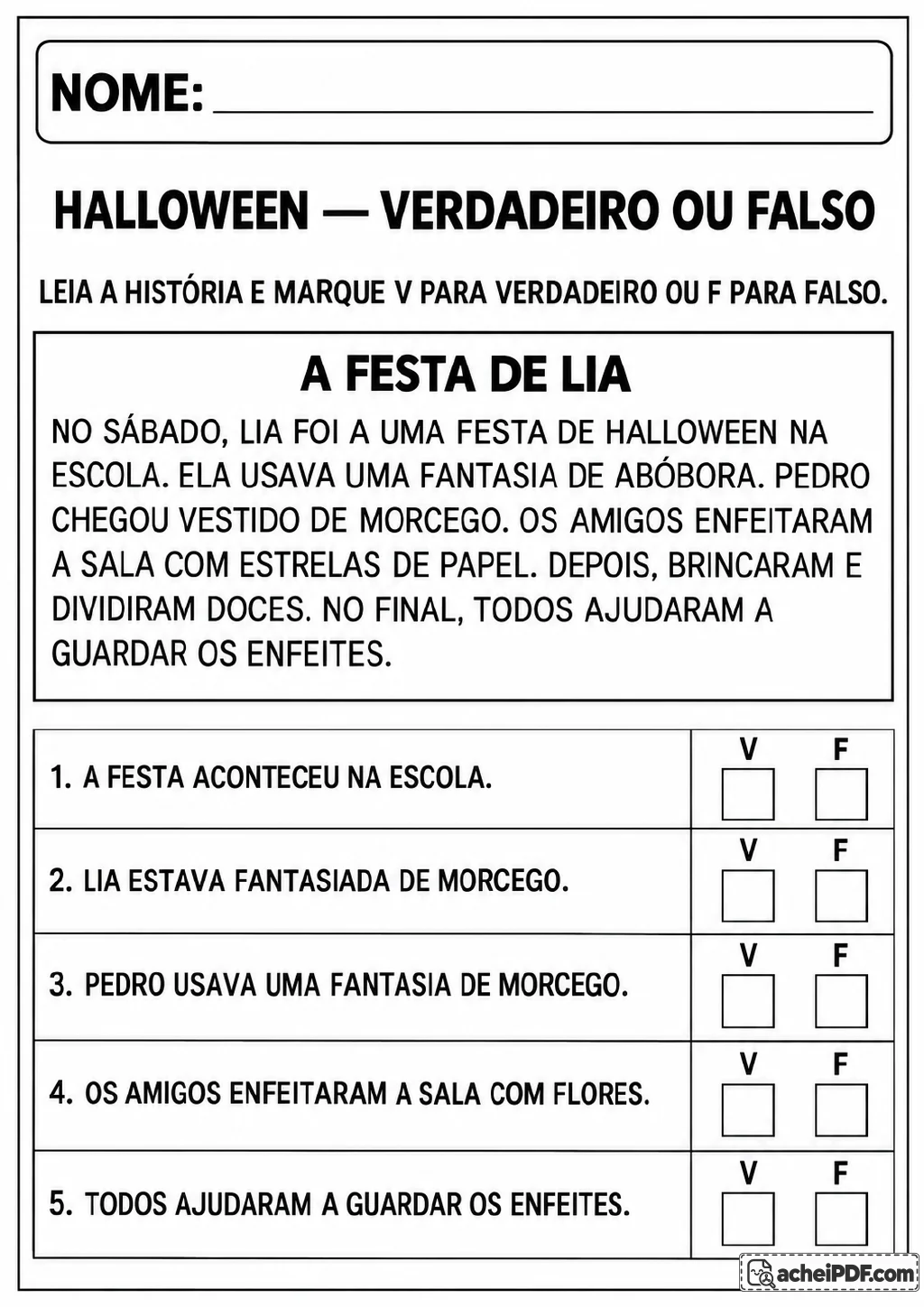 Texto intitulado “A festa de Lia”, acompanhado de uma tabela com cinco afirmações e opções V e F para marcar.