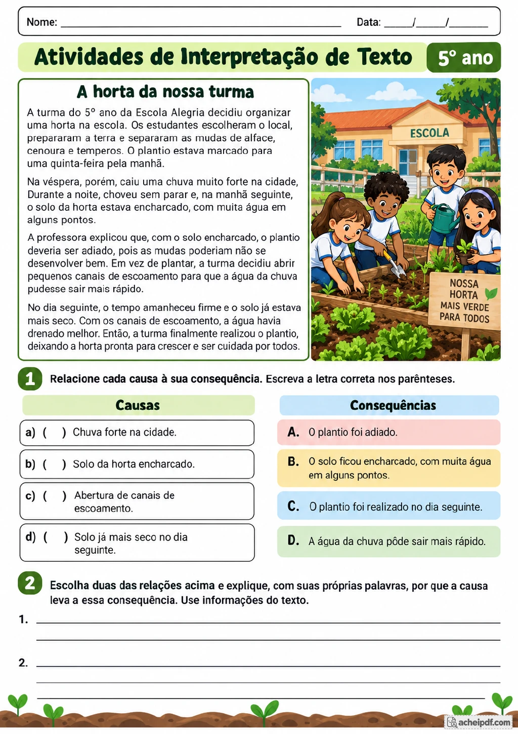 Quatro crianças cuidando de uma horta, ao lado de texto e quadros para relacionar causas.