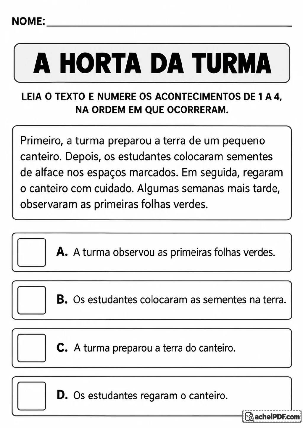 Texto sobre o cultivo de alface e quatro acontecimentos com quadrinhos para numerar.