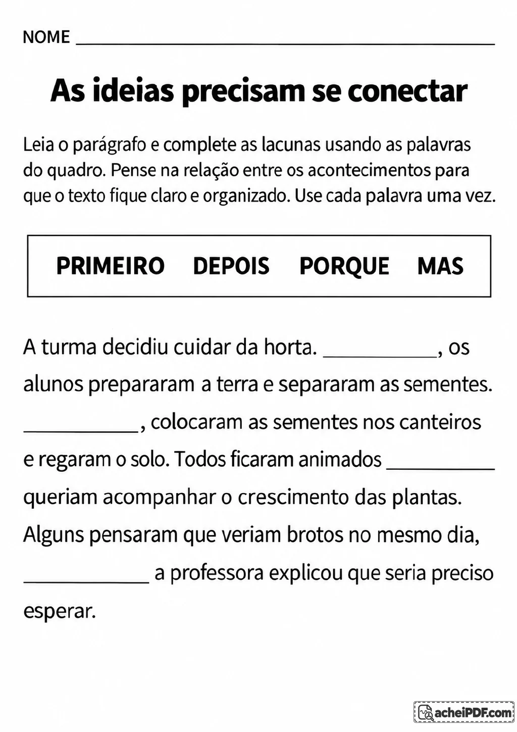 Quadro de palavras com “primeiro”, “depois”, “porque” e “mas” acima de um parágrafo com quatro lacunas sobre o plantio.