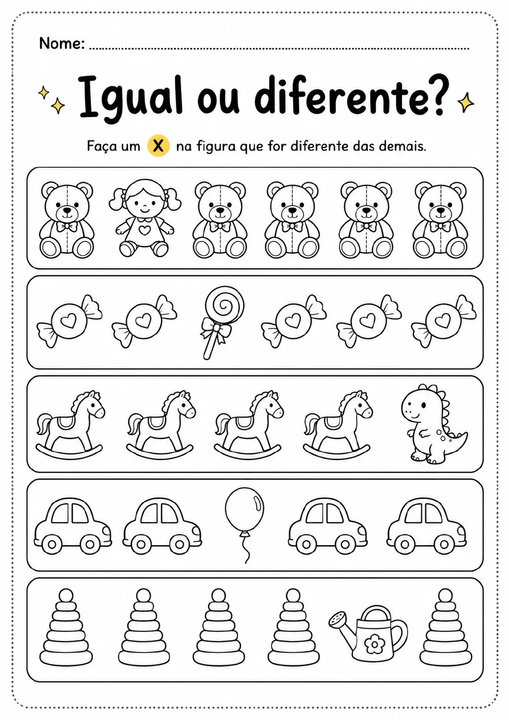 Cinco faixas de desenhos para marcar com X a figura diferente, incluindo uma boneca entre ursinhos, um pirulito entre doces.