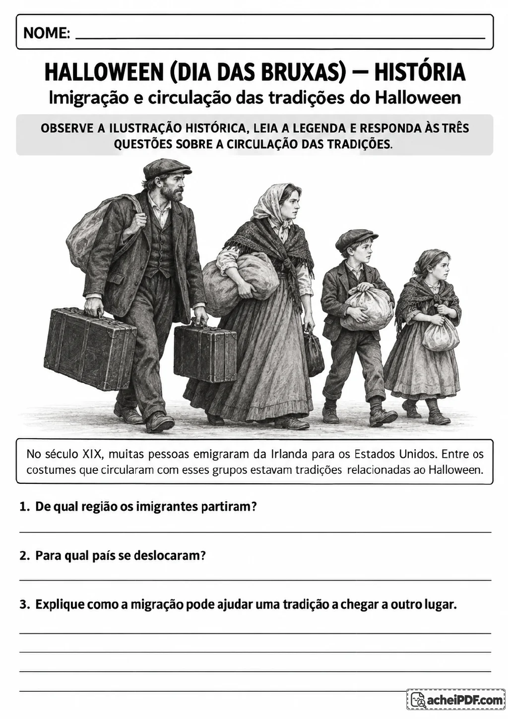 Ilustração em preto e branco de quatro imigrantes em deslocamento, carregando malas e trouxas.