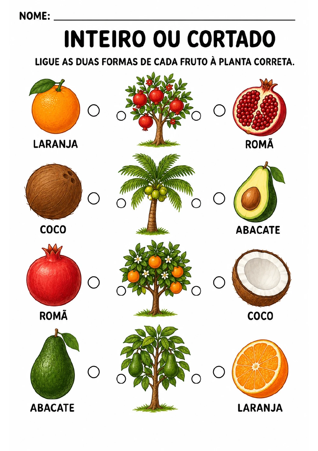 Laranja, romã, coco e abacate inteiros e cortados aparecem nas laterais, com laranjeira, romãzeira.