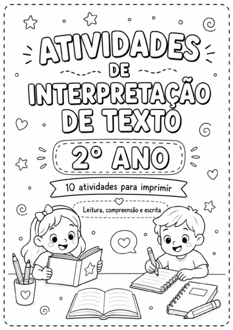 Capa intitulada “Atividades de interpretação de texto”, para o 2º ano, com duas crianças: uma lê um livro e a outra escreve em um caderno.