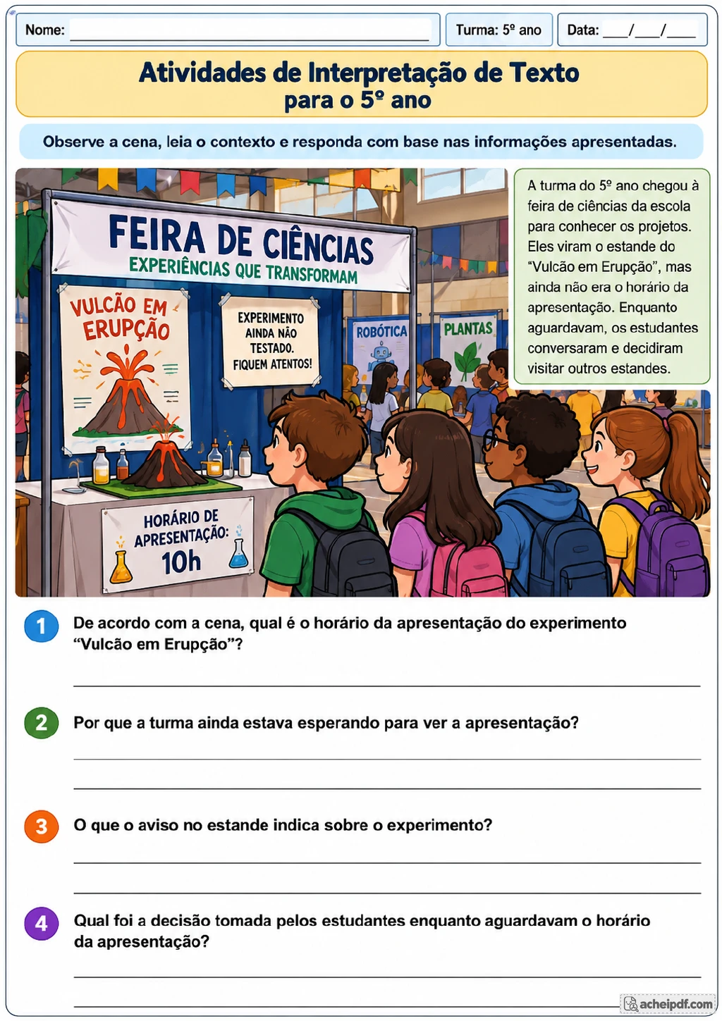 Estudantes diante do estande “Vulcão em Erupção”, marcado para as 10h, em uma feira de ciências com cartazes de robótica.