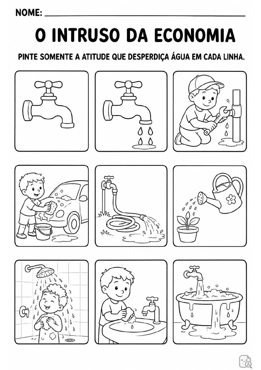 Grade em preto e branco com nove ilustrações de usos da água em três linhas, incluindo torneira pingando, vazamento.