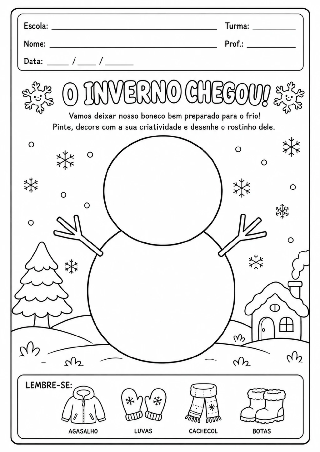 Boneco de neve grande sem rosto em uma paisagem com árvore, casa e flocos de neve, acompanhado de desenhos de agasalho.