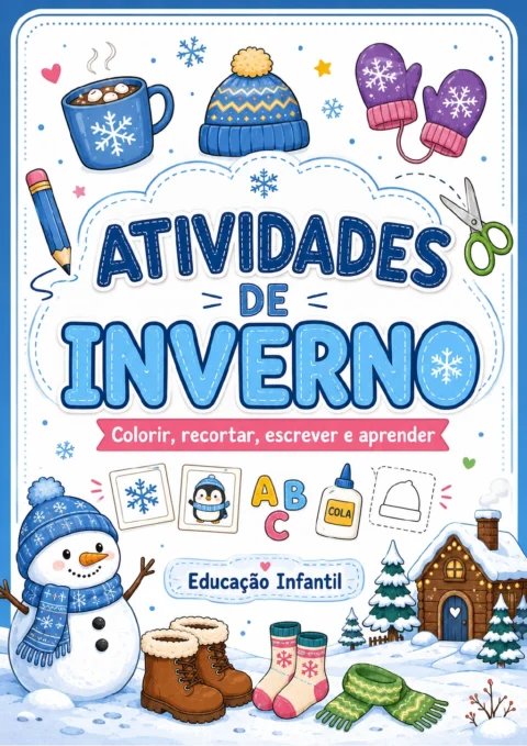 Capa colorida com o título “Atividades de inverno”, boneco de neve, casa nevada, xícara quente, gorro, luvas, cachecol, botas, meias, tesoura e cola.