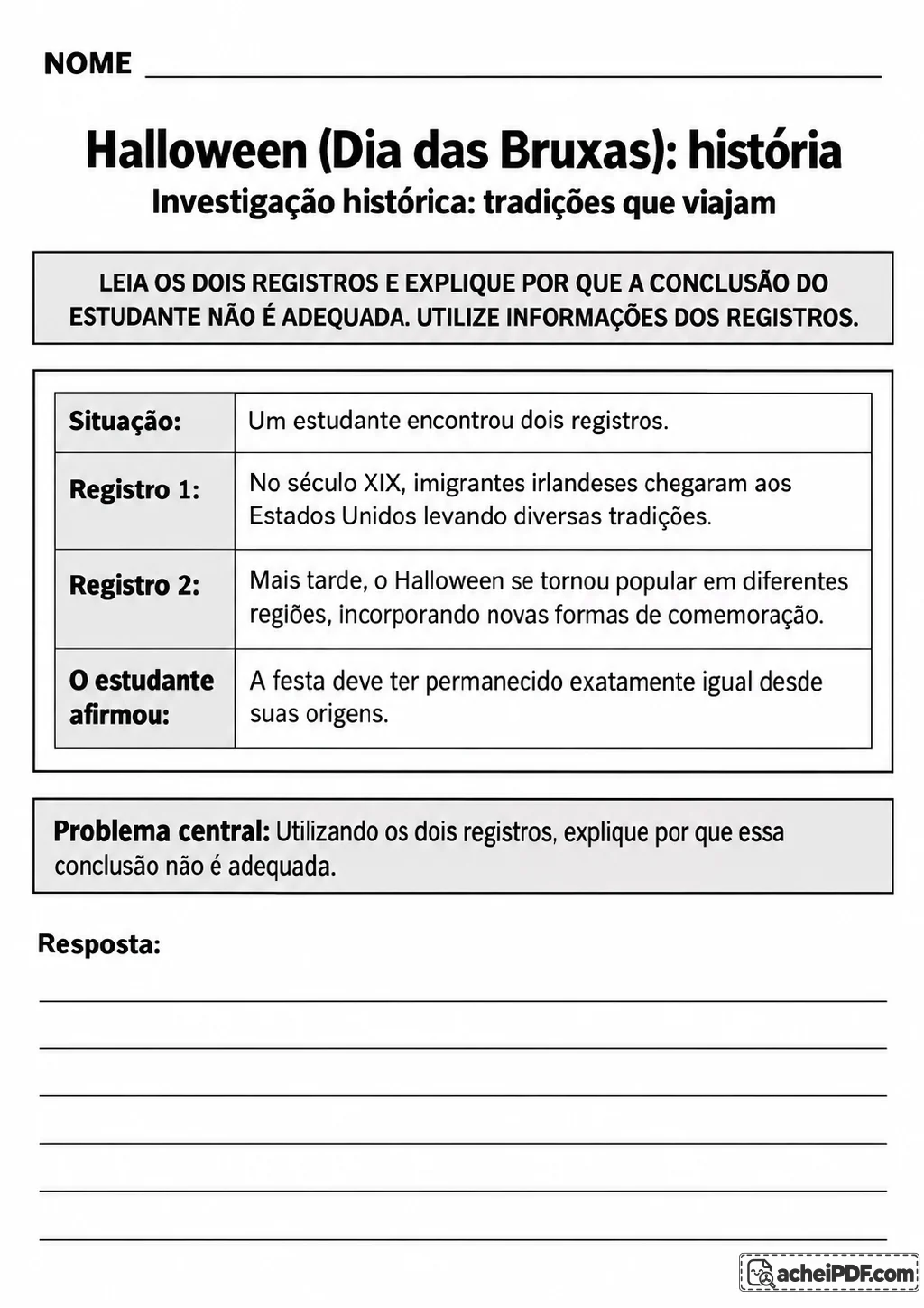 Dois registros históricos em quadros cinza sobre o Halloween, incluindo imigrantes irlandeses nos Estados Unidos no século.