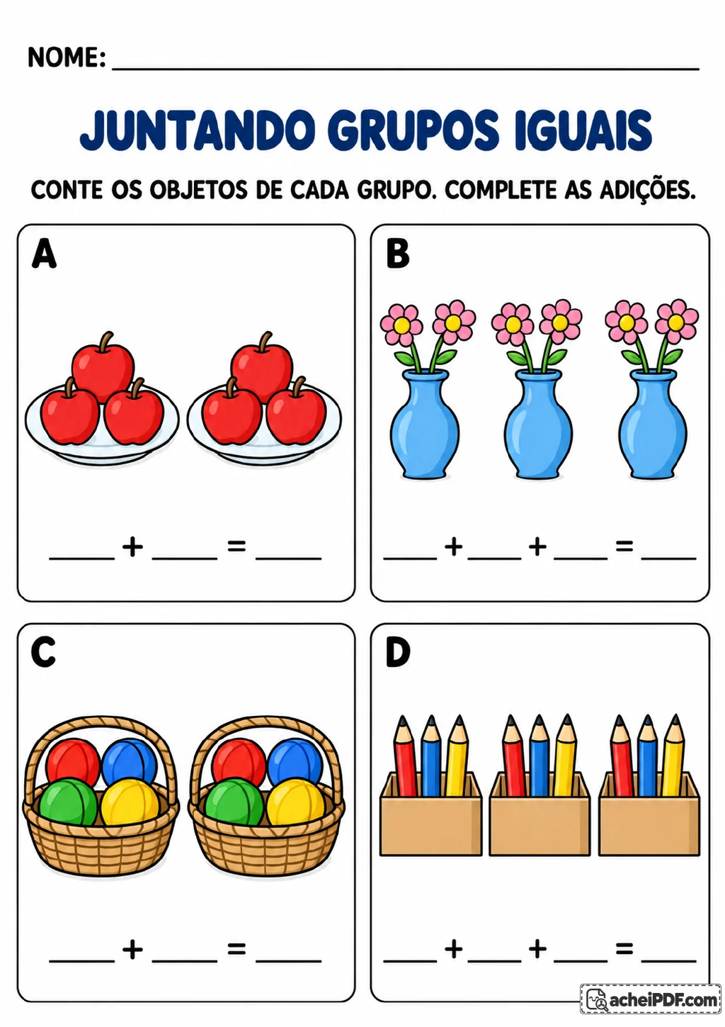 Quatro quadros identificados por A, B, C e D mostram grupos de maçãs, flores em vasos.