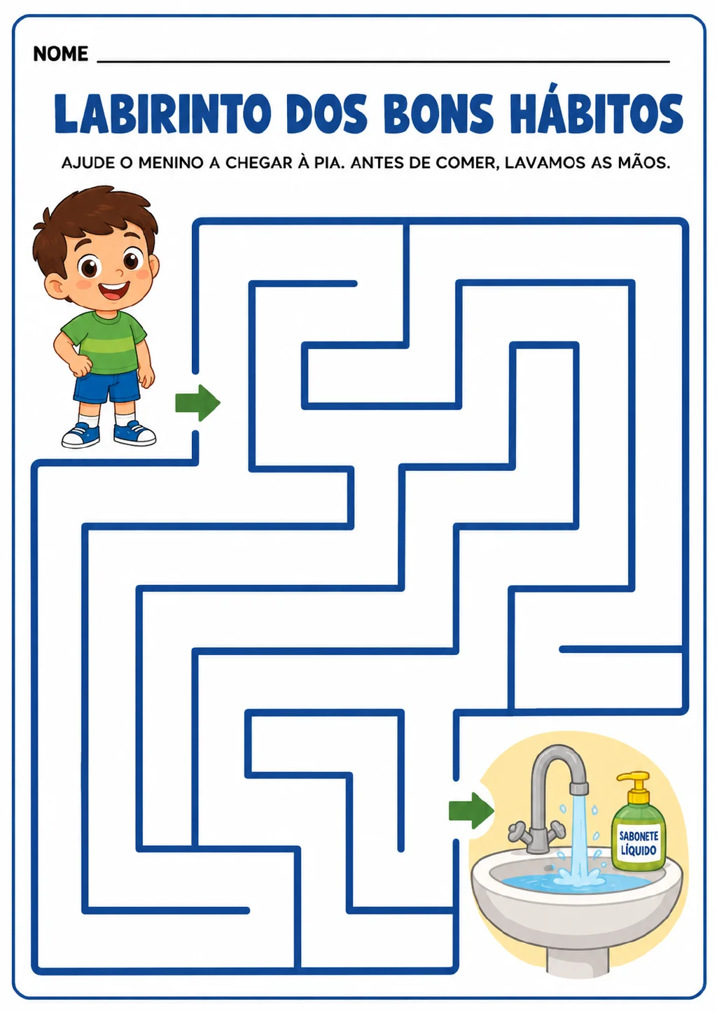 Labirinto de linhas azuis com um menino no início e uma pia com torneira, água corrente.