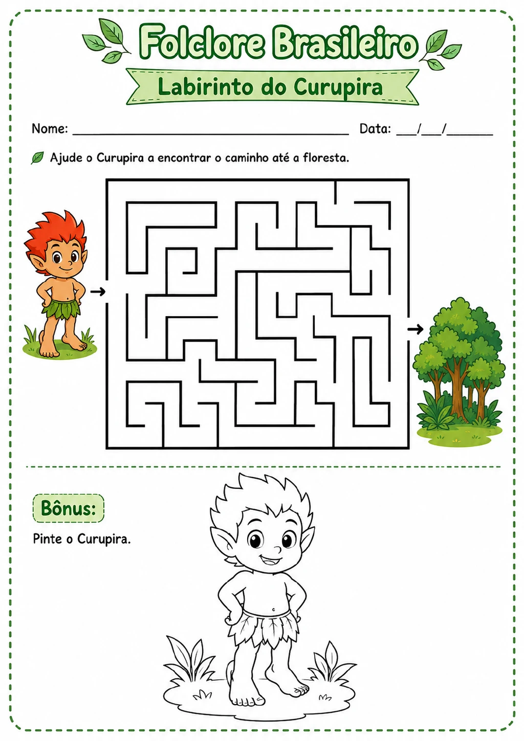 Labirinto com o Curupira na entrada e a floresta indicada na saída, além de um desenho do personagem para pintar.