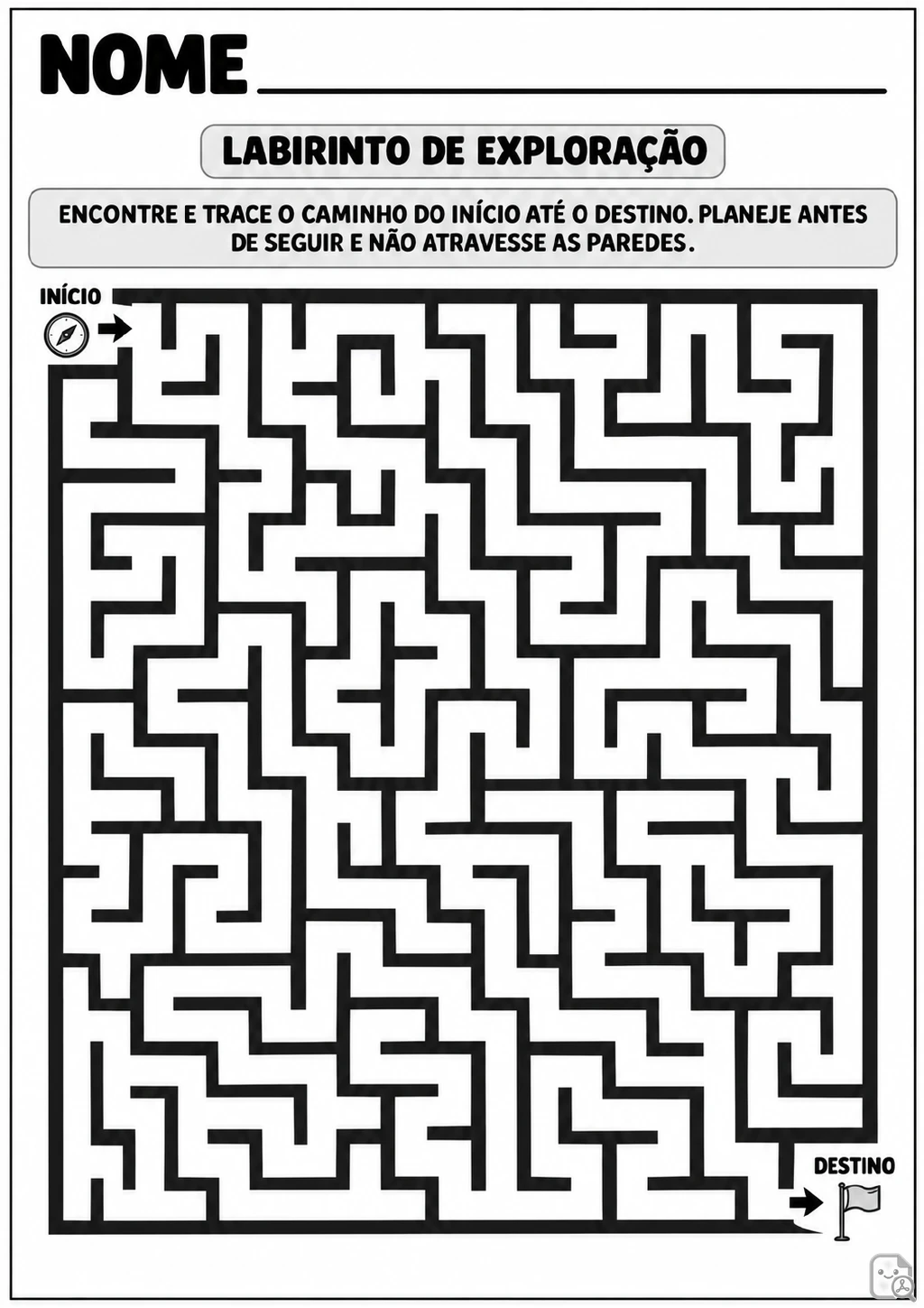 Labirinto retangular em preto e branco, com bússola no início e bandeira no destino.