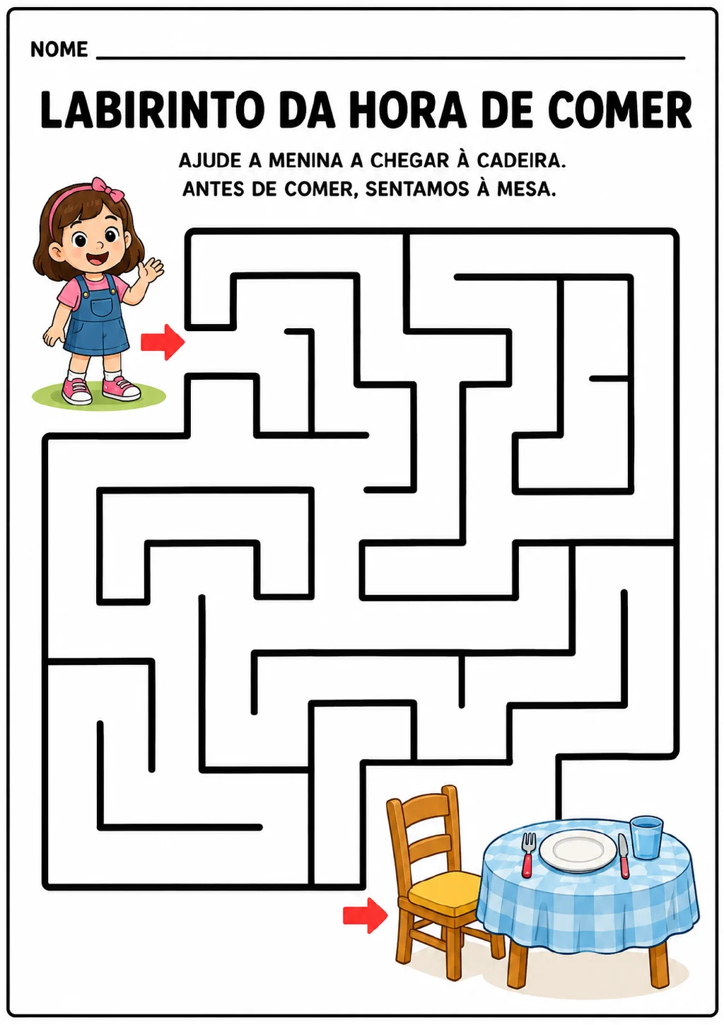 Labirinto com uma menina no início do percurso e uma cadeira ao lado de mesa posta, com prato, garfo, faca e copo.