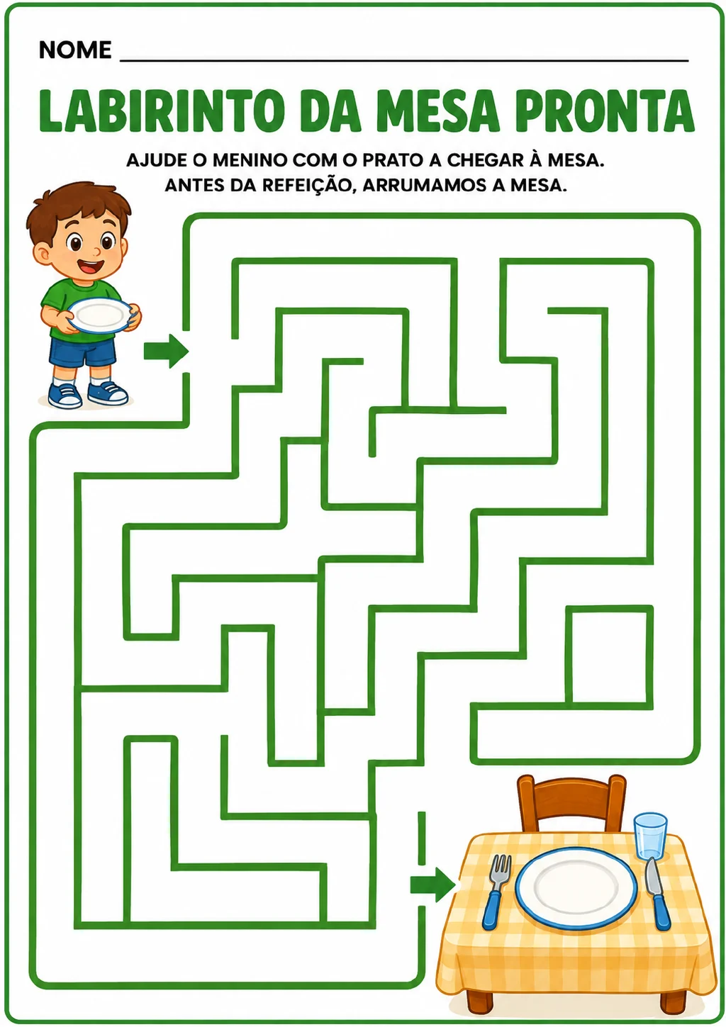 Labirinto de linhas verdes com um menino segurando um prato na entrada e uma mesa posta, com prato, talheres e copo.